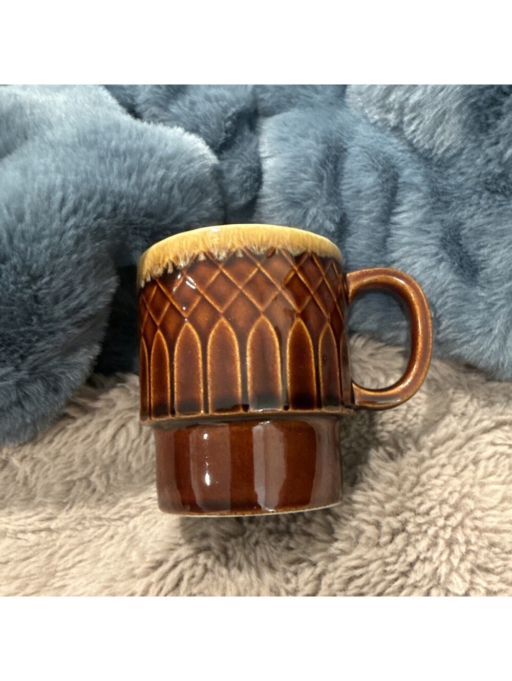 Vintage 1960s Drip Glaze Brown and Tan Ceramic Coffee Cup Marked JAPAN